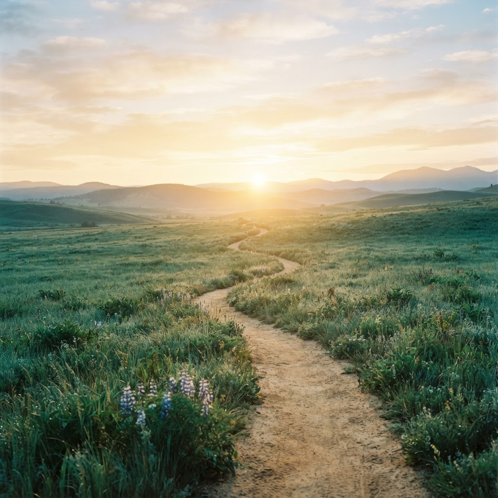 A winding path through a lush green meadow leading toward warm golden morning light