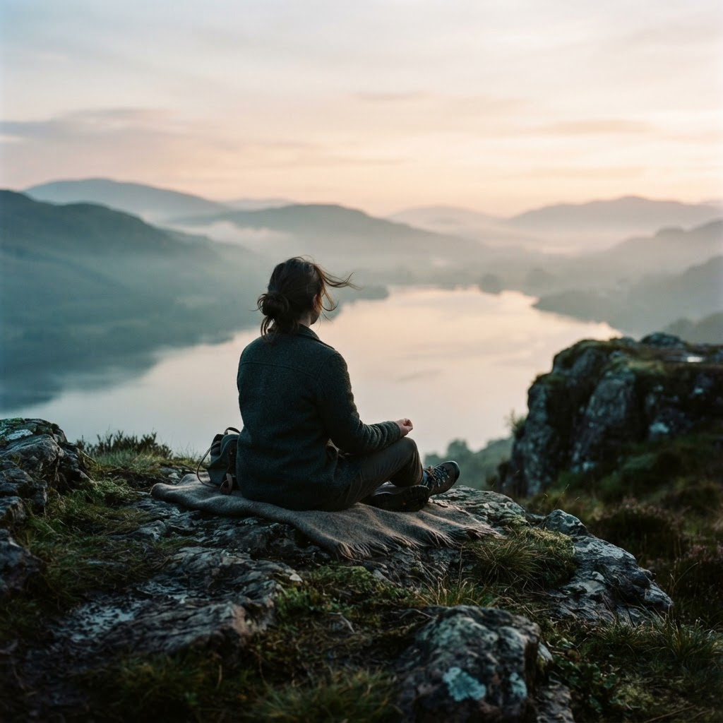 A person sitting in quiet contemplation at dawn, gazing toward soft light over a calm landscape