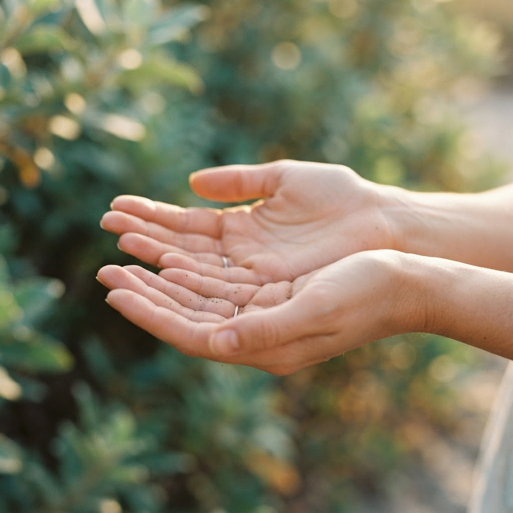 Open, cupped hands resting in warm sunlight — a gesture of release and openness