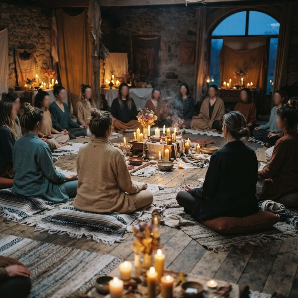 A candlelit ceremonial gathering space at dusk