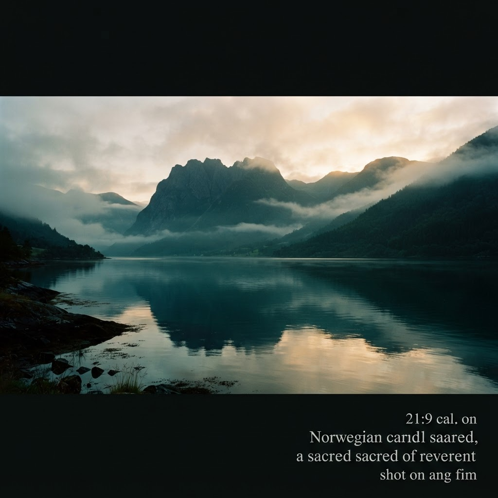Soft morning light breaking over calm dark teal water and misty mountains