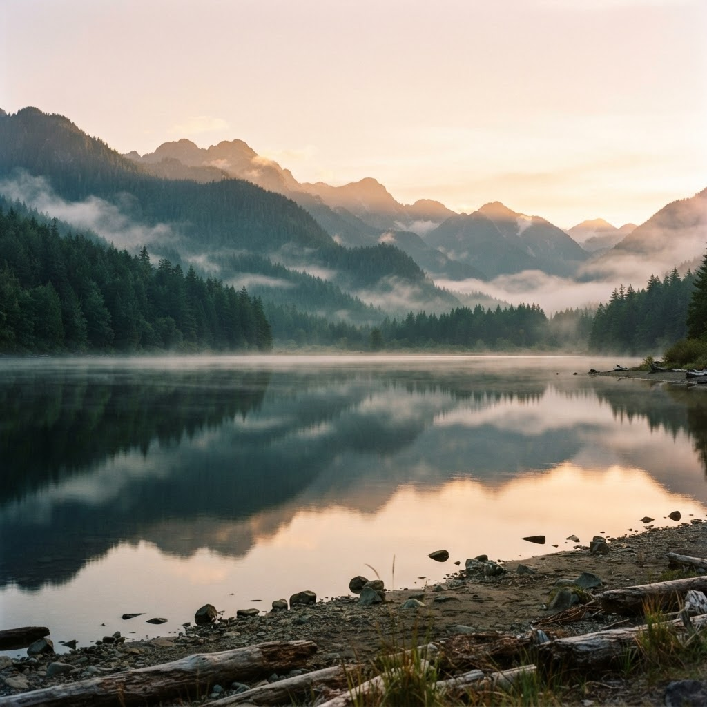 Calm lake at dawn ringed by misty forested mountains